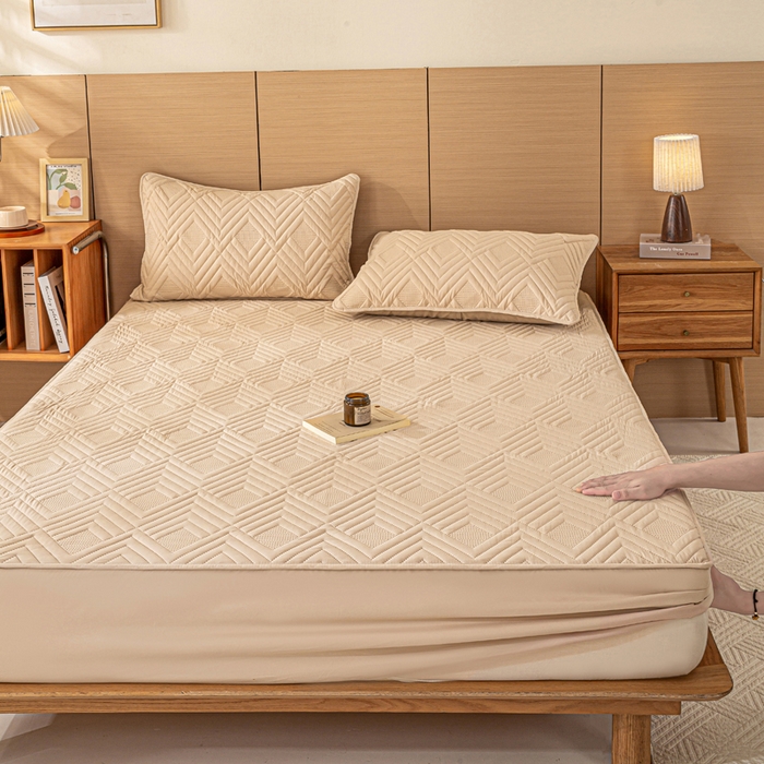 91家纺网 家纺一手货源 找家纺 给笠 2025新款A类超声波夹棉床笠 卡其