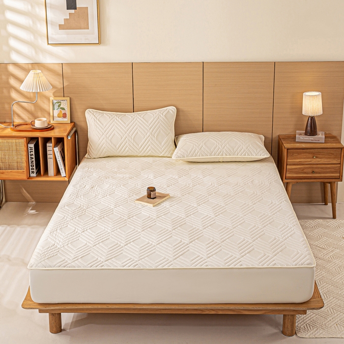 91家纺网 家纺一手货源 找家纺 给笠 2025新款A类超声波夹棉床笠 米白