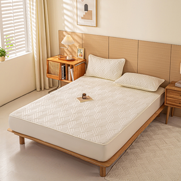 91家纺网 家纺一手货源 找家纺 给笠 2025新款A类超声波夹棉床笠 米白