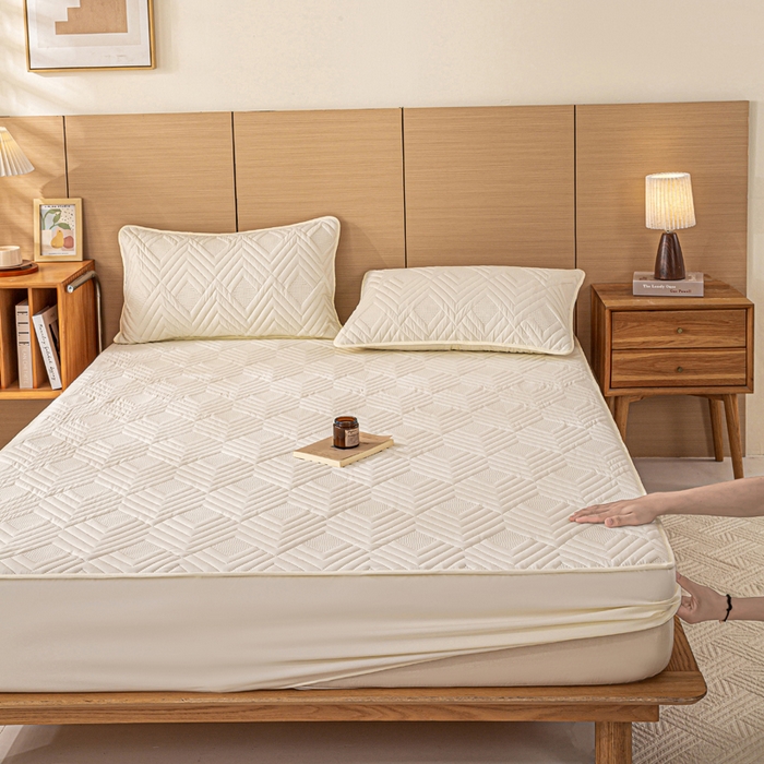 91家纺网 家纺一手货源 找家纺 给笠 2025新款A类超声波夹棉床笠 米白