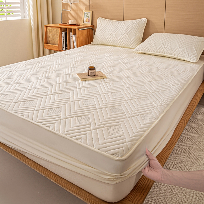 91家纺网 家纺一手货源 找家纺 给笠 2025新款A类超声波夹棉床笠 米白