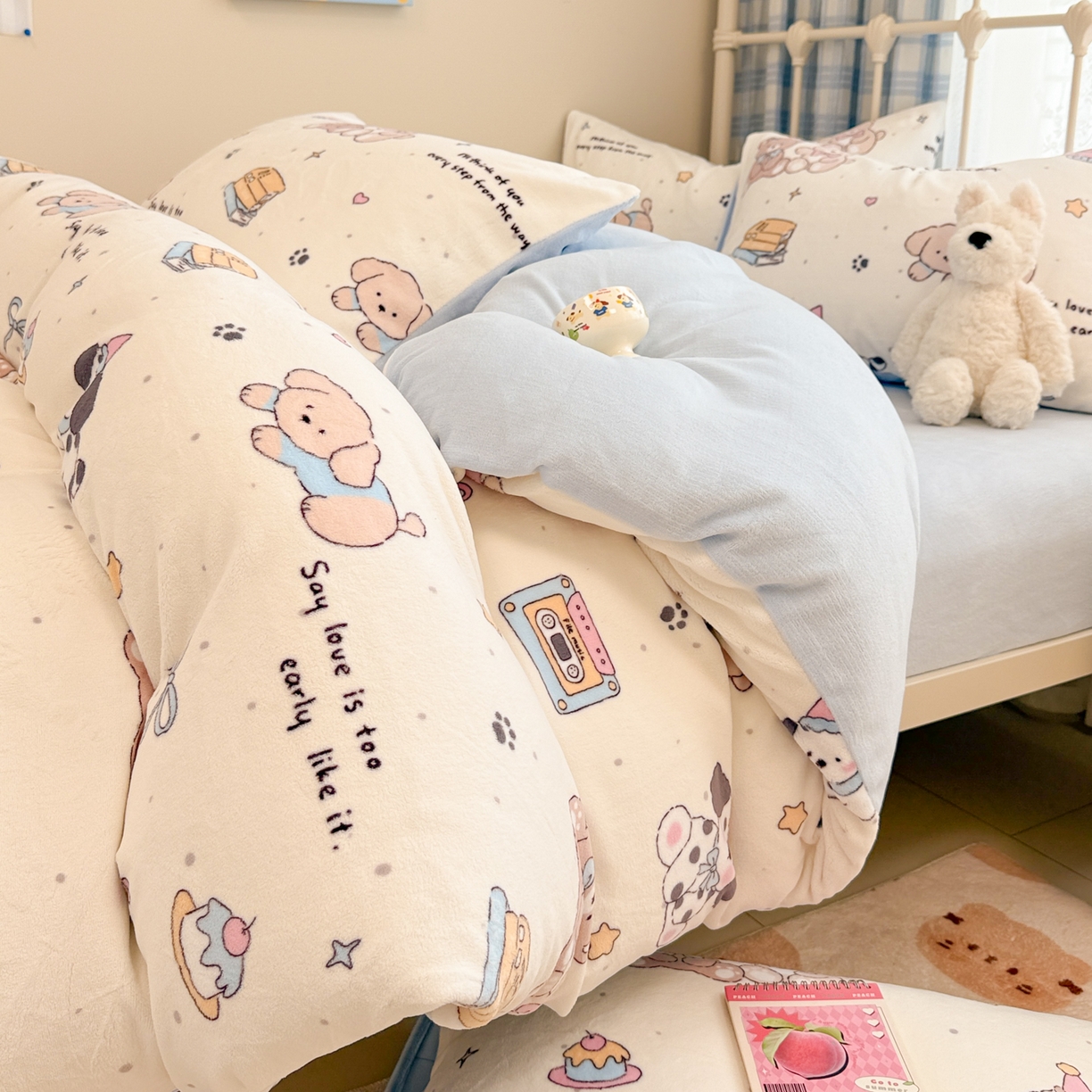 呗旺鹿 2025新款A类高克重卡通印花牛奶绒印花四件套 音乐小狗