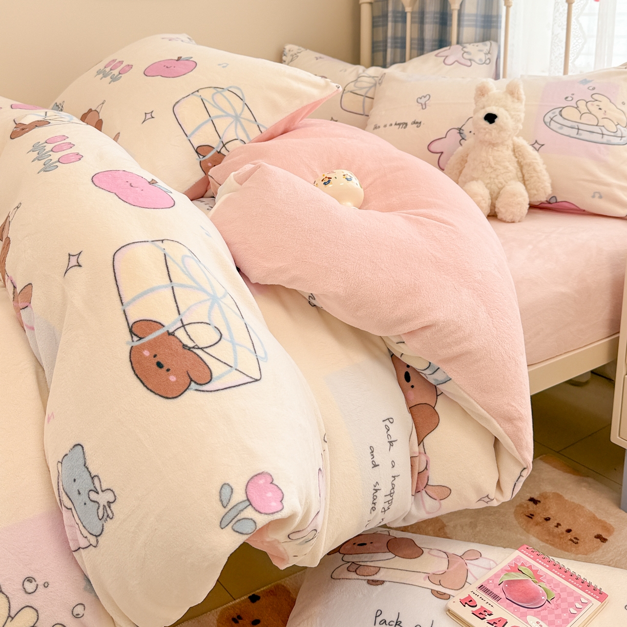 呗旺鹿 2025新款A类高克重卡通印花牛奶绒印花四件套 小熊的礼物