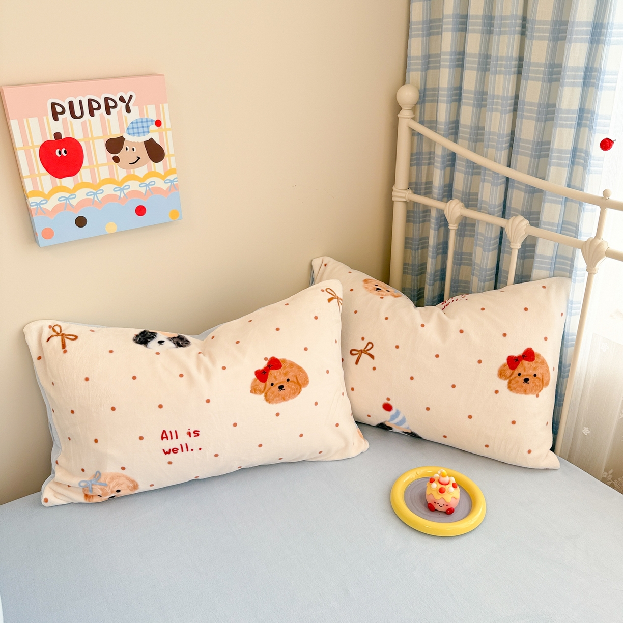 91家纺网 家纺一手货源 找家纺 呗旺鹿 2025新款A类高克重卡通印花牛奶绒印花四件套 蝴蝶结圆点小狗