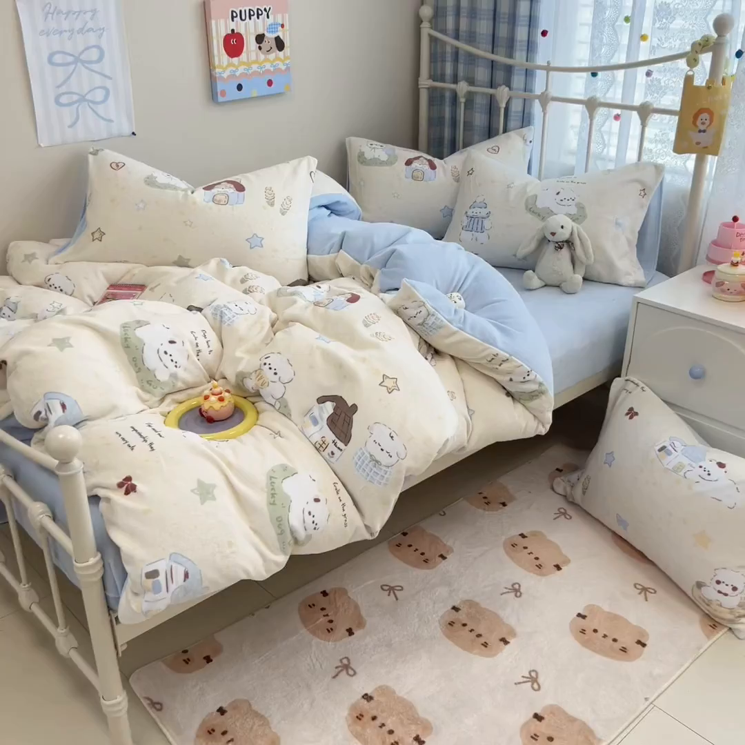 91家纺网 家纺一手货源 找家纺 呗旺鹿 2025新款A类高克重卡通印花牛奶绒印花四件套 奶油星星狗