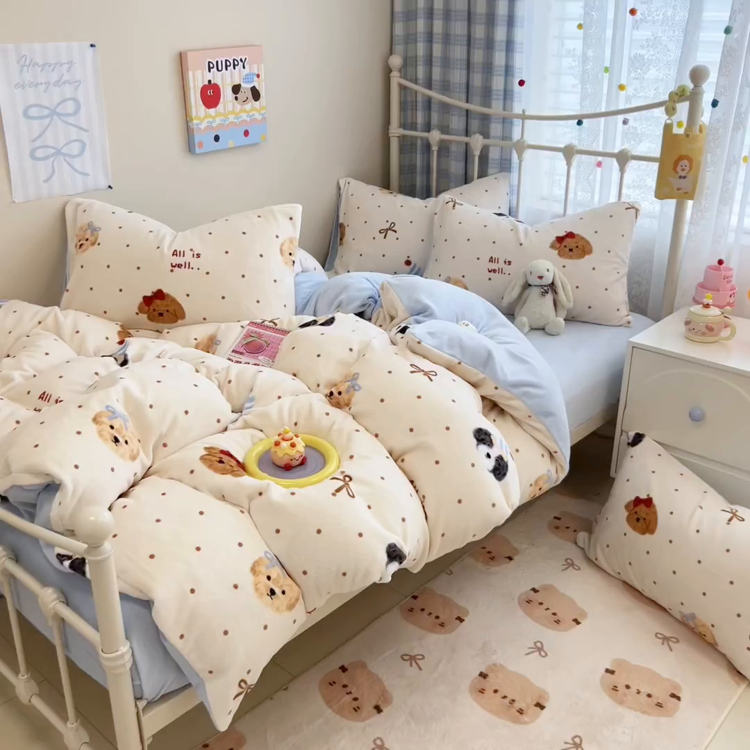 91家纺网 家纺一手货源 找家纺 （总）呗旺鹿 2025新款A类高克重卡通印花牛奶绒印花四件套