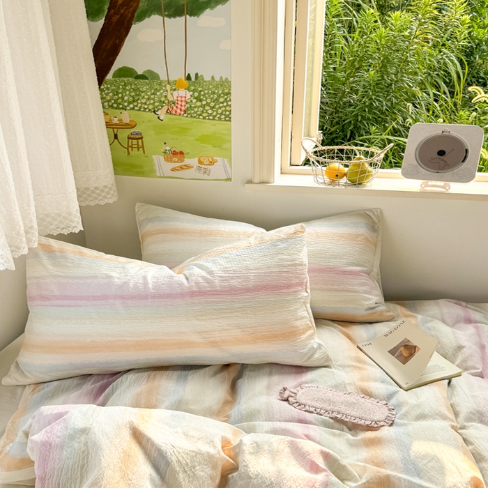 91家纺网 家纺一手货源 找家纺 优兰朵  2025新款超柔云感木棉印花小清新四件套 彩虹糖