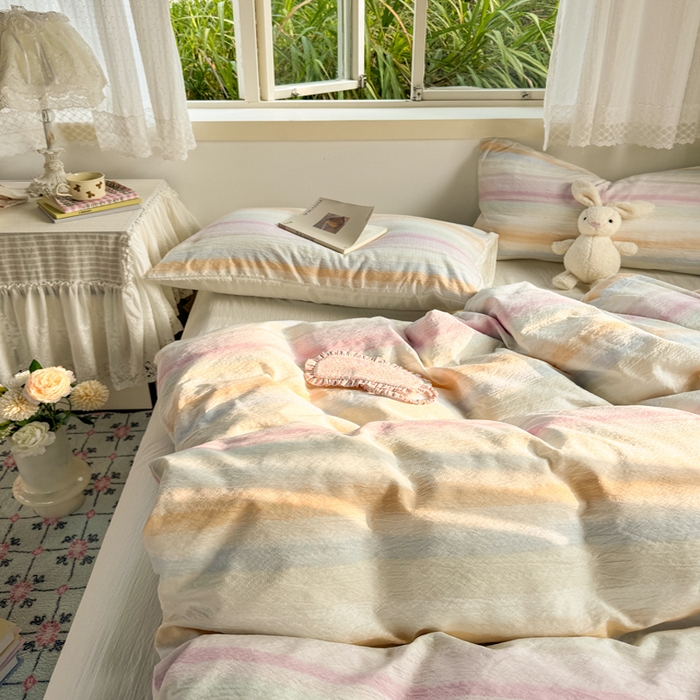 91家纺网 家纺一手货源 找家纺 优兰朵  2025新款超柔云感木棉印花小清新四件套 彩虹糖