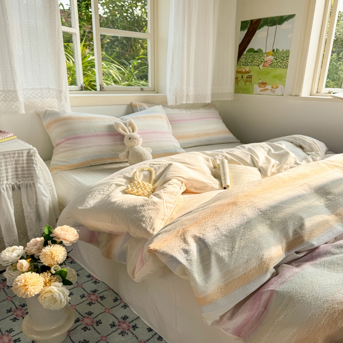 91家纺网 家纺一手货源 找家纺 优兰朵  2025新款超柔云感木棉印花小清新四件套 彩虹糖