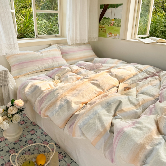 91家纺网 家纺一手货源 找家纺 优兰朵  2025新款超柔云感木棉印花小清新四件套 彩虹糖