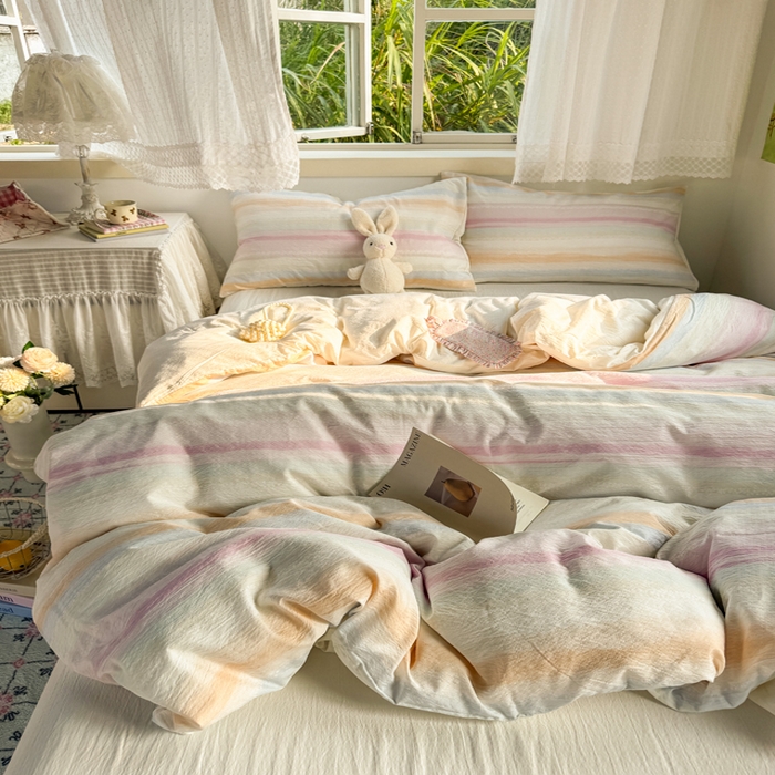 91家纺网 家纺一手货源 找家纺 优兰朵  2025新款超柔云感木棉印花小清新四件套 彩虹糖