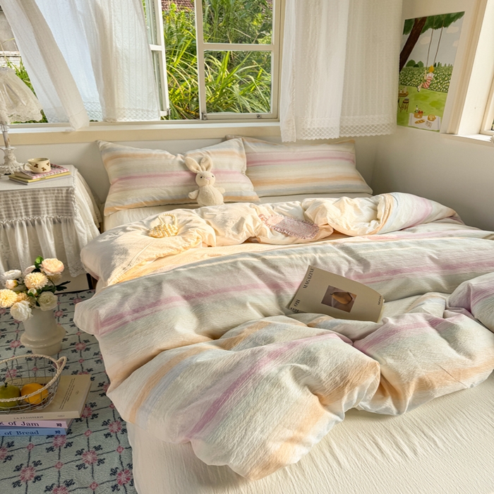 91家纺网 家纺一手货源 找家纺 优兰朵  2025新款超柔云感木棉印花小清新四件套 彩虹糖