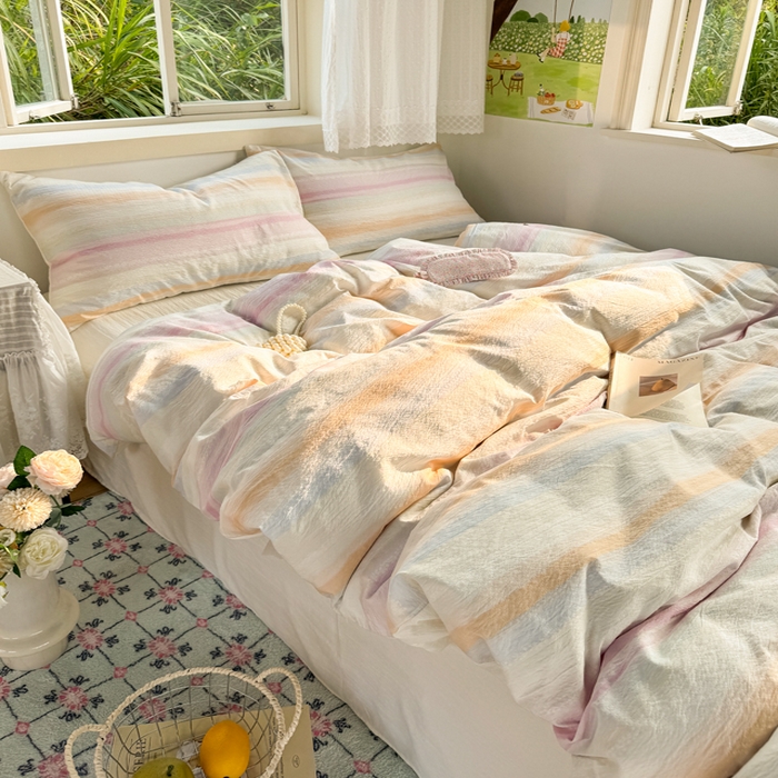 91家纺网 家纺一手货源 找家纺 优兰朵  2025新款超柔云感木棉印花小清新四件套 彩虹糖