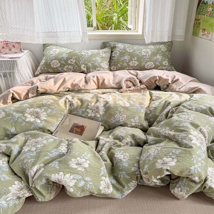 91家纺网 家纺一手货源 找家纺 优兰朵  2025新款超柔云感木棉印花小清新四件套 春茶