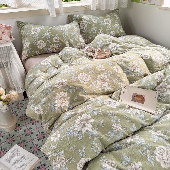 91家纺网 家纺一手货源 找家纺 优兰朵  2025新款超柔云感木棉印花小清新四件套 春茶