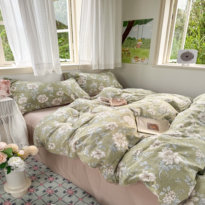 91家纺网 家纺一手货源 找家纺 优兰朵  2025新款超柔云感木棉印花小清新四件套 春茶