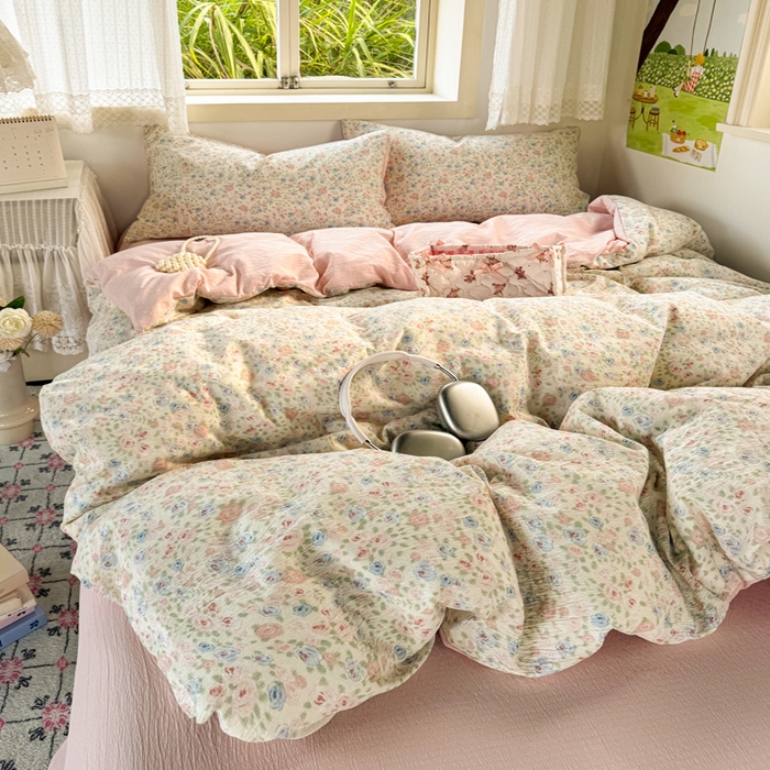 91家纺网 家纺一手货源 找家纺 优兰朵  2025新款超柔云感木棉印花小清新四件套 花海