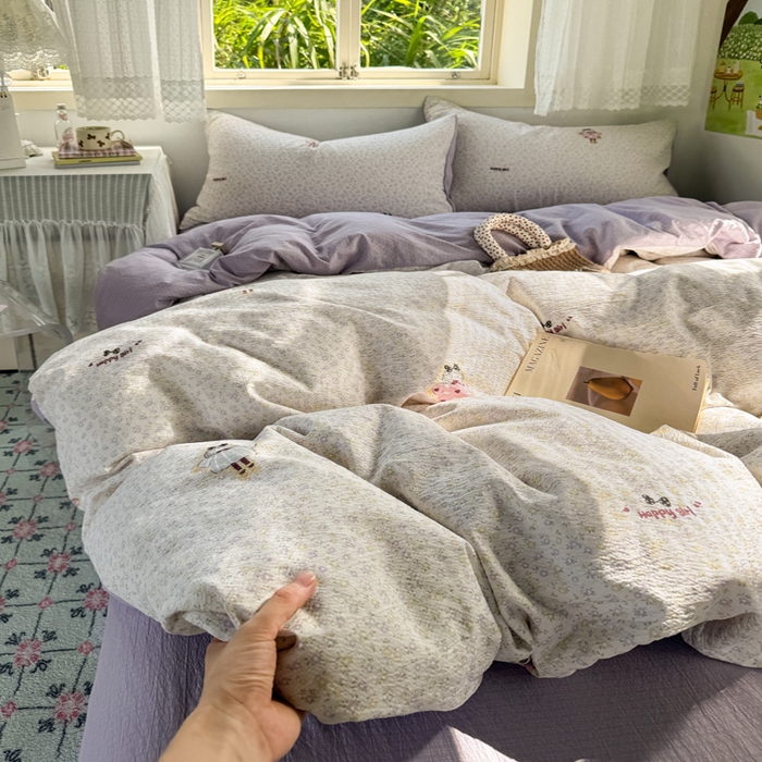 优兰朵  2025新款超柔云感木棉印花小清新四件套 开心女孩-紫