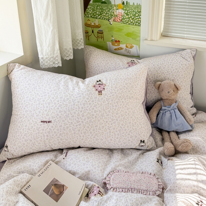 91家纺网 家纺一手货源 找家纺 优兰朵  2025新款超柔云感木棉印花小清新四件套 开心女孩-紫