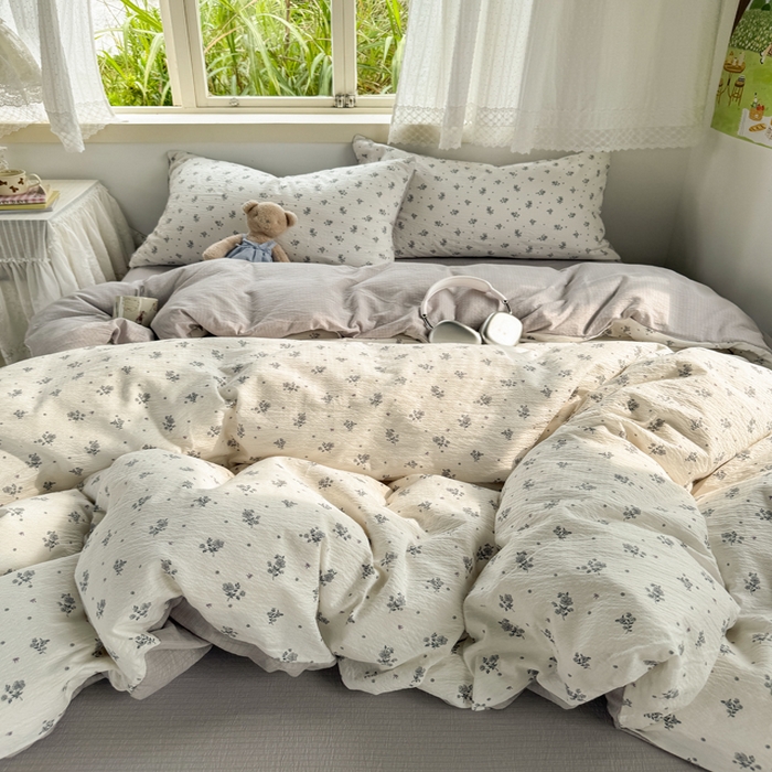 91家纺网 家纺一手货源 找家纺 优兰朵  2025新款超柔云感木棉印花小清新四件套 木槿