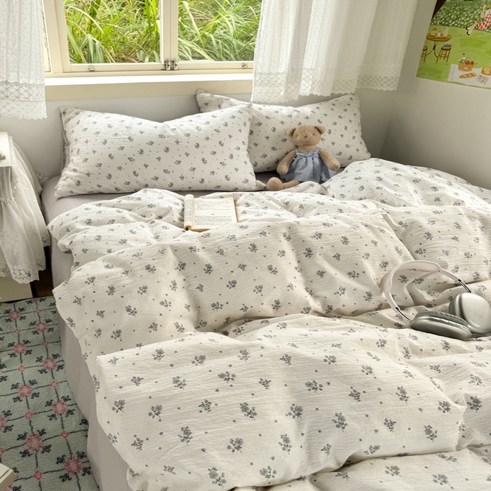 91家纺网 家纺一手货源 找家纺 优兰朵  2025新款超柔云感木棉印花小清新四件套 木槿