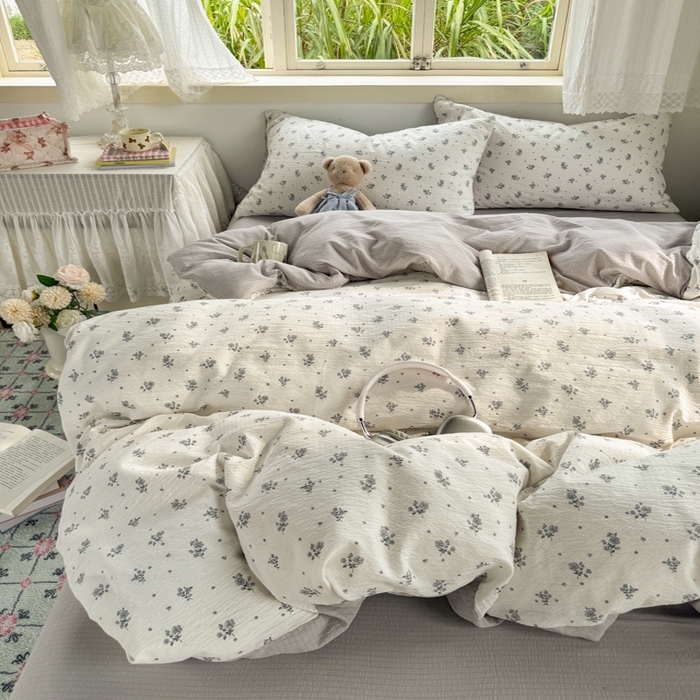 91家纺网 家纺一手货源 找家纺 优兰朵  2025新款超柔云感木棉印花小清新四件套 木槿