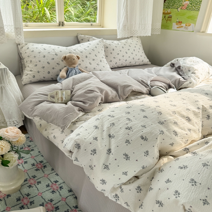 91家纺网 家纺一手货源 找家纺 优兰朵  2025新款超柔云感木棉印花小清新四件套 木槿