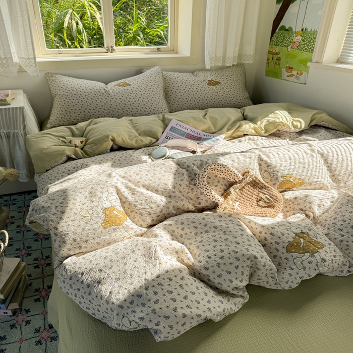 91家纺网 家纺一手货源 找家纺 优兰朵  2025新款超柔云感木棉印花小清新四件套 兔小姐