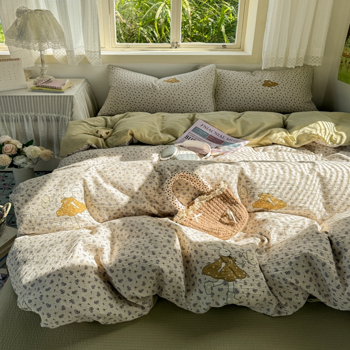 91家纺网 家纺一手货源 找家纺 优兰朵  2025新款超柔云感木棉印花小清新四件套 兔小姐