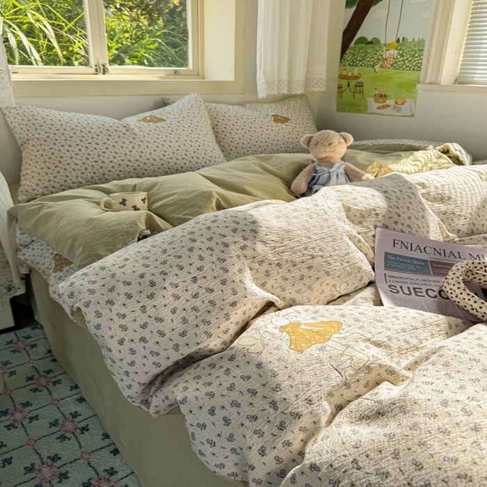 91家纺网 家纺一手货源 找家纺 优兰朵  2025新款超柔云感木棉印花小清新四件套 兔小姐