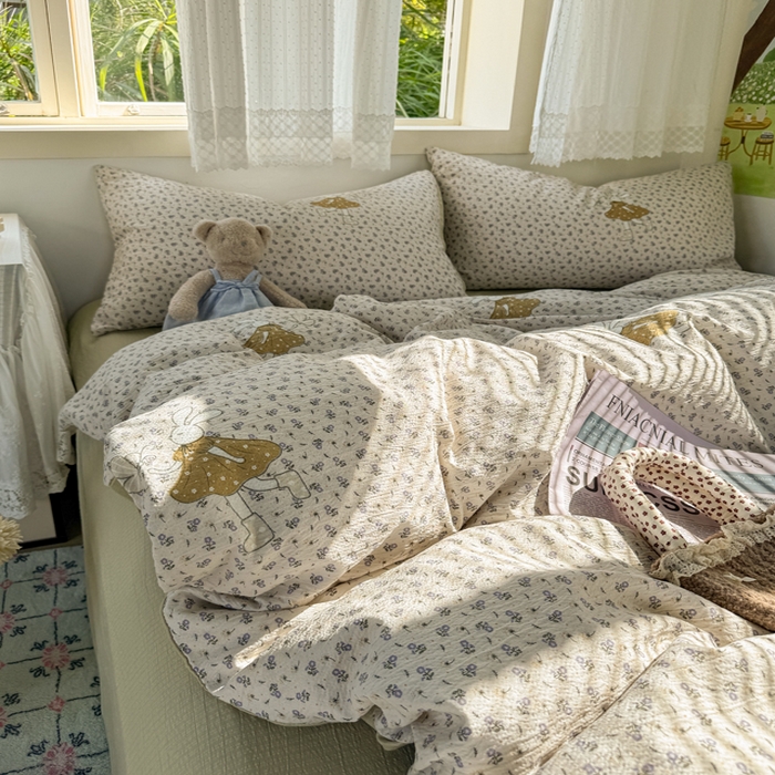 91家纺网 家纺一手货源 找家纺 优兰朵  2025新款超柔云感木棉印花小清新四件套 兔小姐