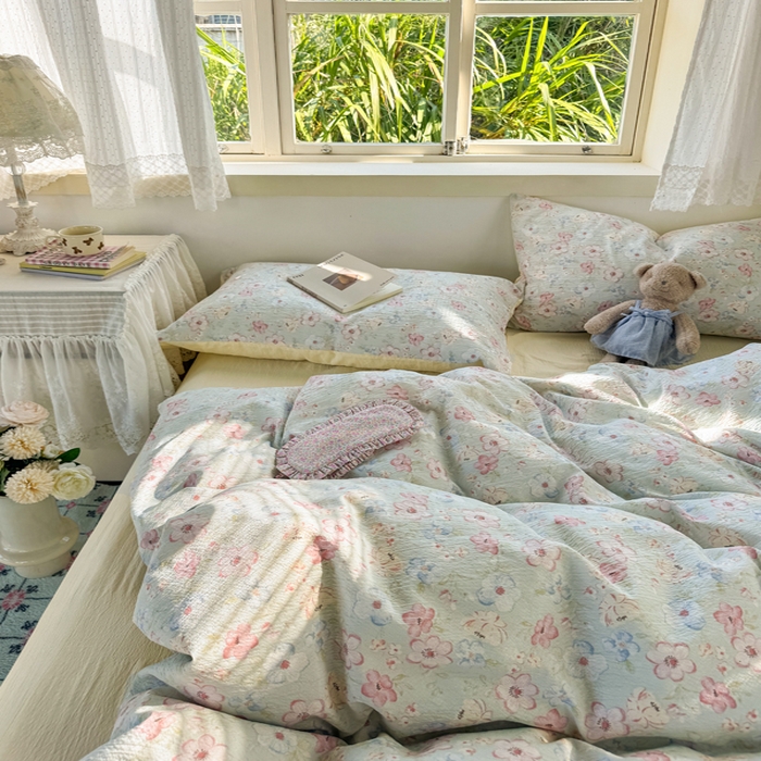 91家纺网 家纺一手货源 找家纺 优兰朵  2025新款超柔云感木棉印花小清新四件套 勿忘我