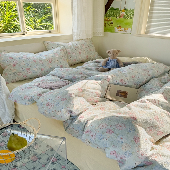 91家纺网 家纺一手货源 找家纺 优兰朵  2025新款超柔云感木棉印花小清新四件套 勿忘我