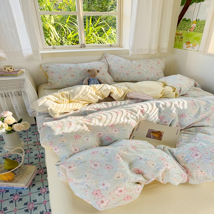 91家纺网 家纺一手货源 找家纺 优兰朵  2025新款超柔云感木棉印花小清新四件套 勿忘我