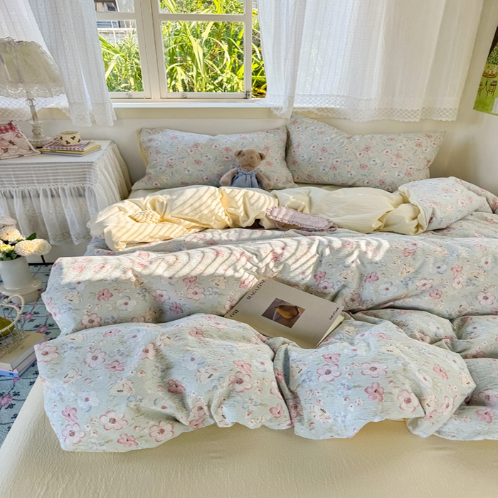 91家纺网 家纺一手货源 找家纺 优兰朵  2025新款超柔云感木棉印花小清新四件套 勿忘我