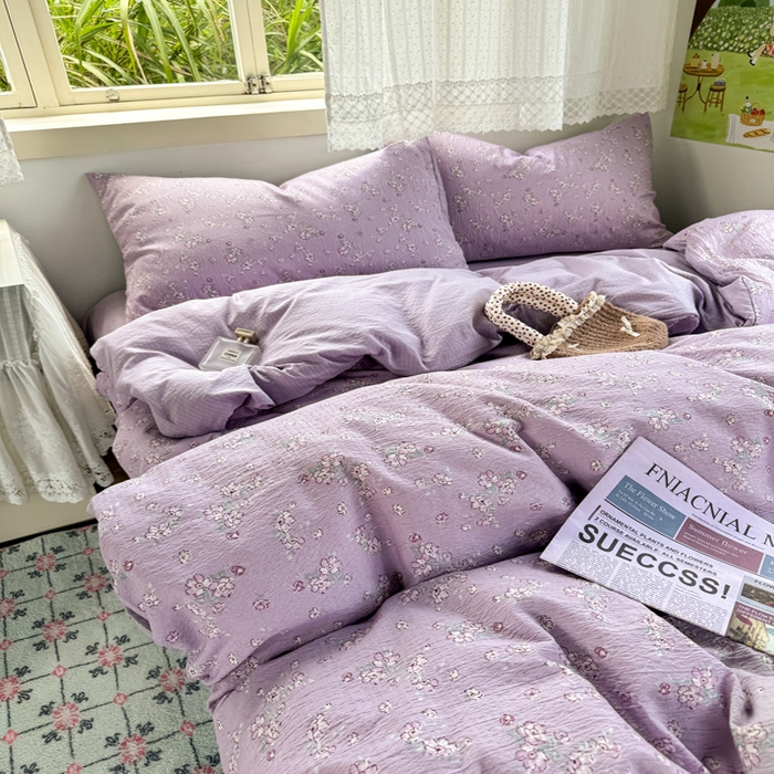 91家纺网 家纺一手货源 找家纺 优兰朵  2025新款超柔云感木棉印花小清新四件套 紫藤