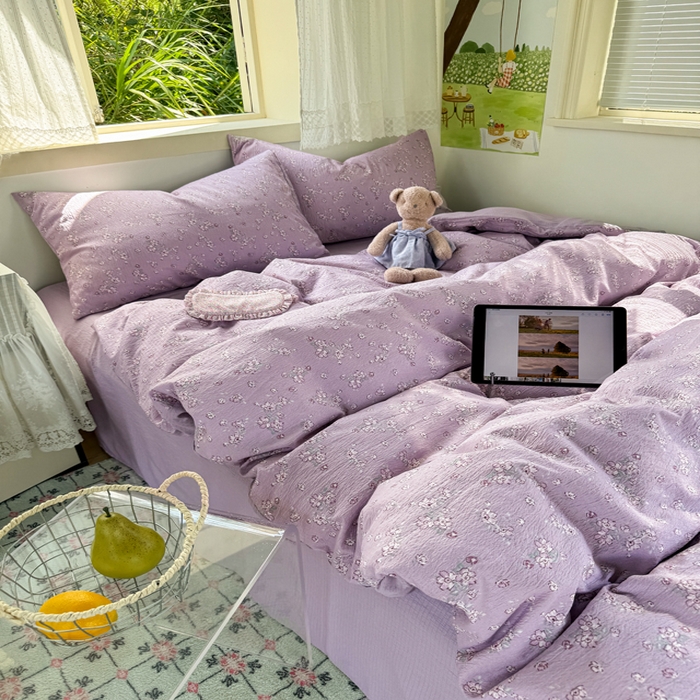 91家纺网 家纺一手货源 找家纺 优兰朵  2025新款超柔云感木棉印花小清新四件套 紫藤