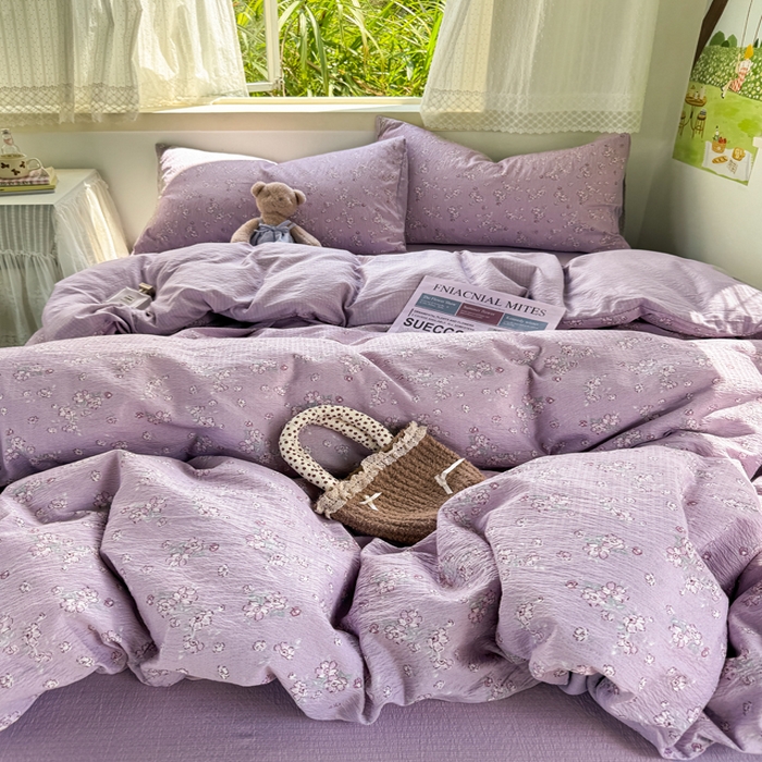 91家纺网 家纺一手货源 找家纺 优兰朵  2025新款超柔云感木棉印花小清新四件套 紫藤