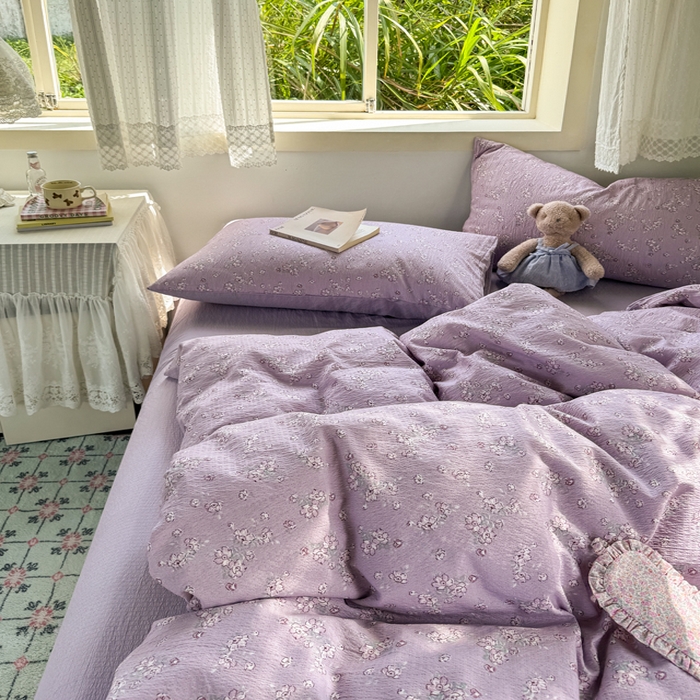 91家纺网 家纺一手货源 找家纺 优兰朵  2025新款超柔云感木棉印花小清新四件套 紫藤