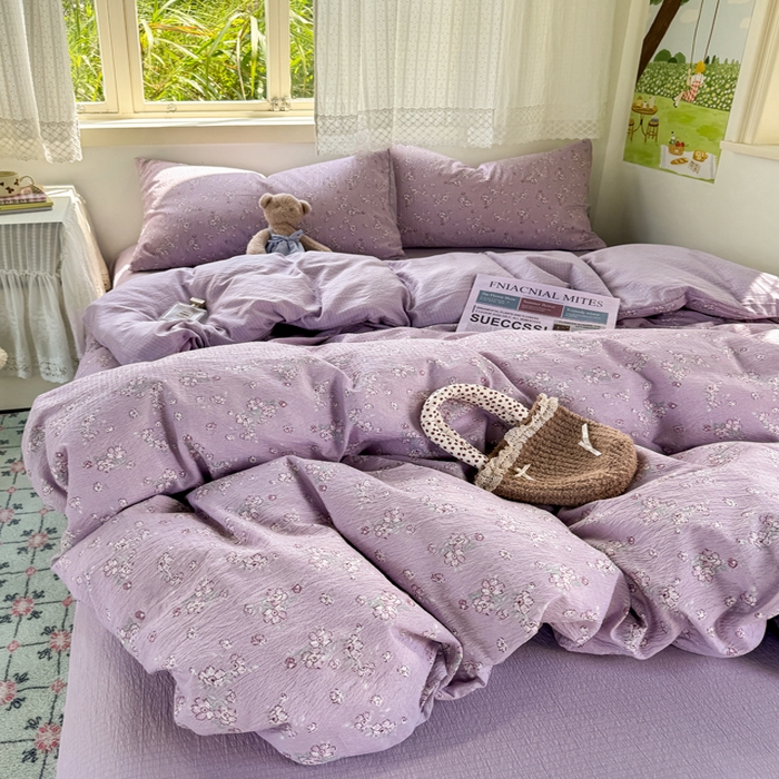 91家纺网 家纺一手货源 找家纺 优兰朵  2025新款超柔云感木棉印花小清新四件套 紫藤