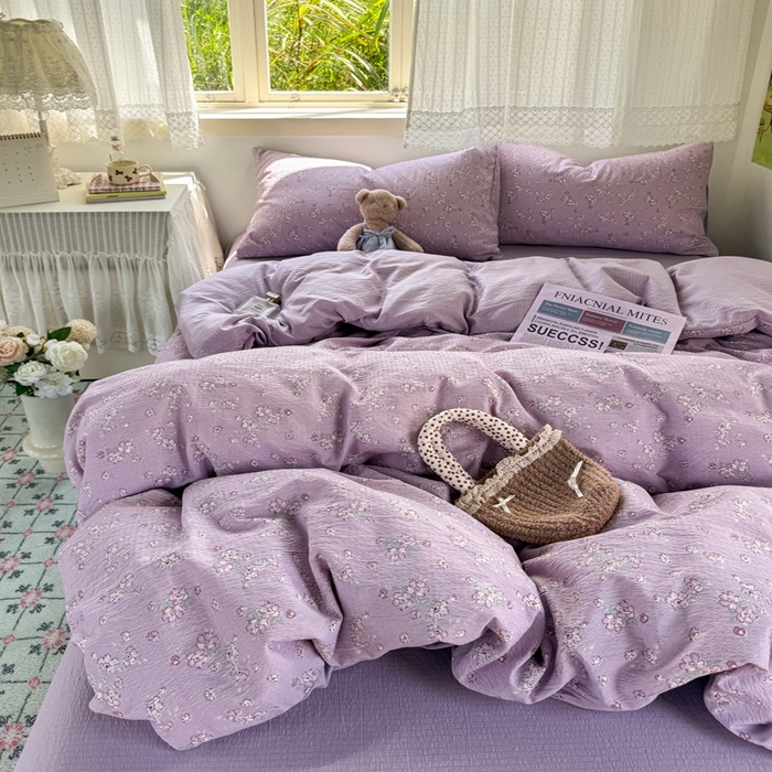 91家纺网 家纺一手货源 找家纺 优兰朵  2025新款超柔云感木棉印花小清新四件套 紫藤