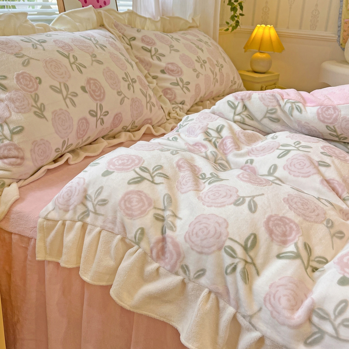 91家纺网 家纺一手货源 找家纺 麦朵家居 2025花边款雕花绒立体印花牛奶绒高克重宝宝绒床裙款四件套牛奶绒床笠兔绒三件套 蔷薇-粉