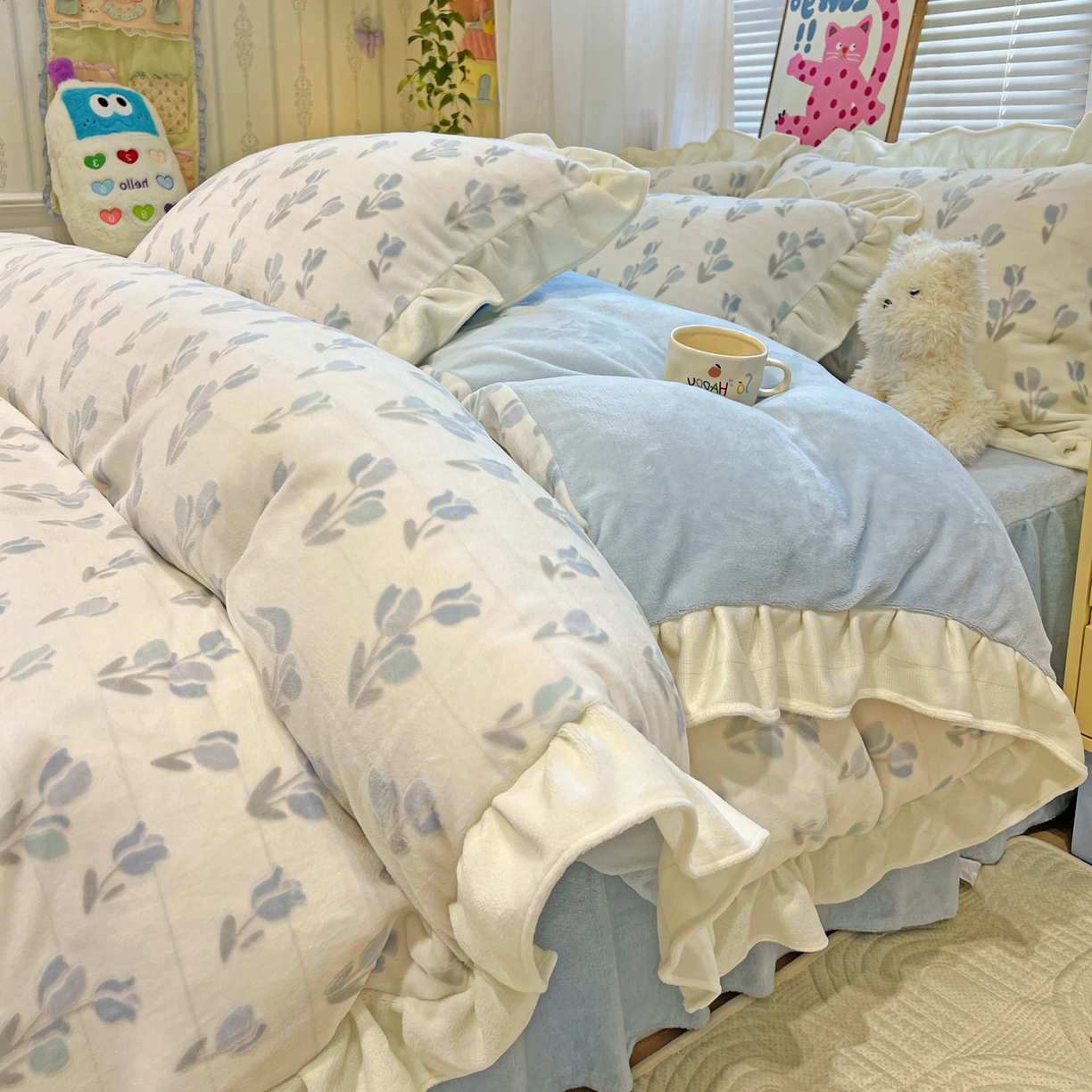 麦朵家居 2025花边款雕花绒立体印花牛奶绒高克重宝宝绒床裙款四件套牛奶绒床笠兔绒三件套 花梦-兰