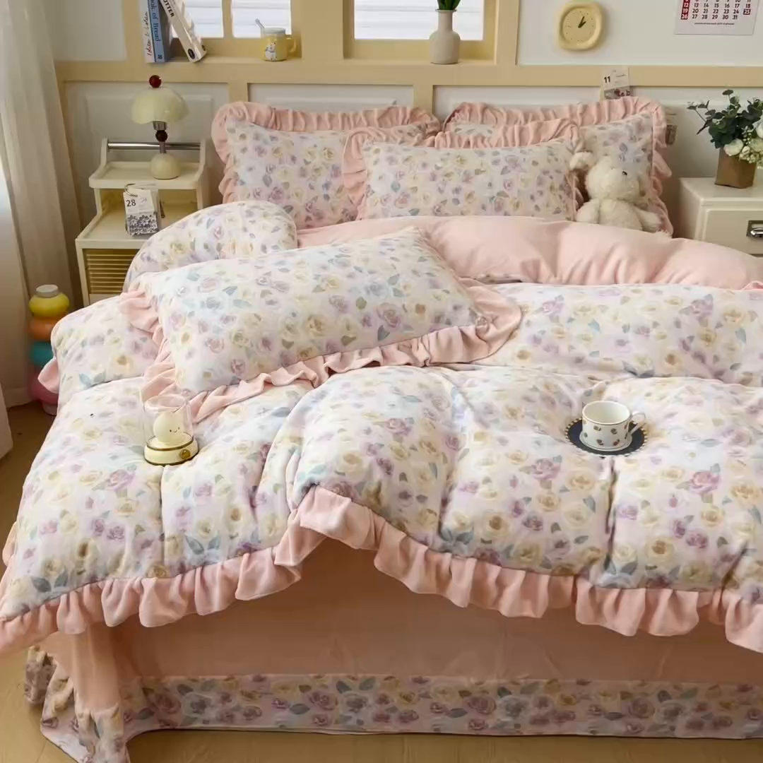 91家纺网 家纺一手货源 找家纺 找底底家纺 2025新款韩版加厚8斤牛奶绒花边四件套（日发50套优惠10元一套） 粉花漫