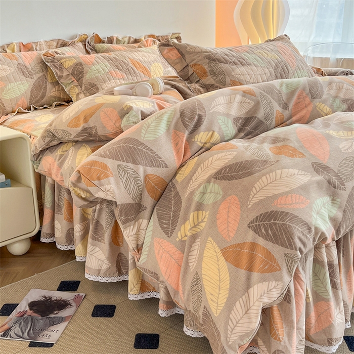 91家纺网 家纺一手货源 找家纺 缦彩 2025新款全棉加厚夹棉磨毛纯棉床裙套件公主风印花防滑床罩四件套-夹棉款 春熙-咖