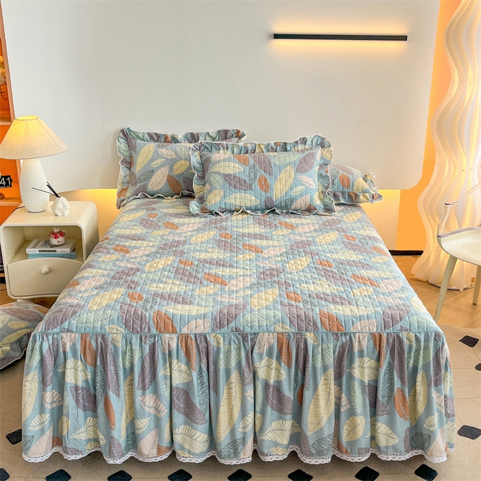 91家纺网 家纺一手货源 找家纺 缦彩 2025新款全棉加厚夹棉磨毛纯棉床裙套件公主风印花防滑床罩四件套-夹棉款 春熙-蓝