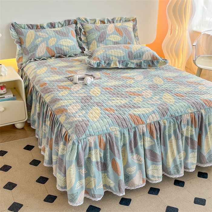 91家纺网 家纺一手货源 找家纺 缦彩 2025新款全棉加厚夹棉磨毛纯棉床裙套件公主风印花防滑床罩四件套-夹棉款 春熙-蓝