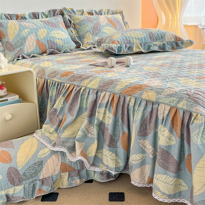 91家纺网 家纺一手货源 找家纺 缦彩 2025新款全棉加厚夹棉磨毛纯棉床裙套件公主风印花防滑床罩四件套-夹棉款 春熙-蓝