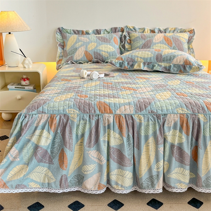 91家纺网 家纺一手货源 找家纺 缦彩 2025新款全棉加厚夹棉磨毛纯棉床裙套件公主风印花防滑床罩四件套-夹棉款 春熙-蓝