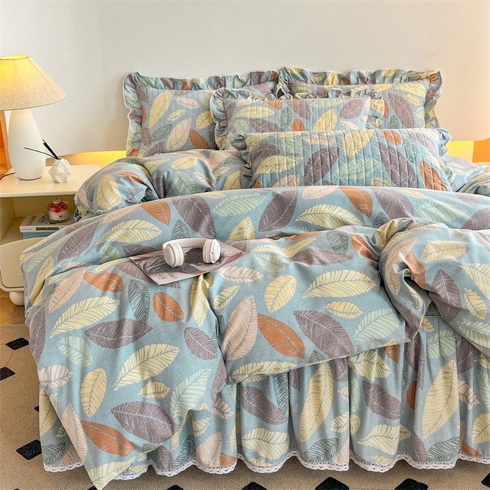 91家纺网 家纺一手货源 找家纺 缦彩 2025新款全棉加厚夹棉磨毛纯棉床裙套件公主风印花防滑床罩四件套-夹棉款 春熙-蓝